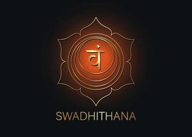 deuxième chakra swadhisthana avec le mantra vam de graine sanskrit hindou. symbole de style design plat orange et or pour la méditation, le yoga. vecteur de modèle de logo isolé sur fond noir