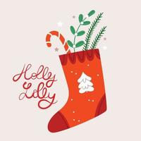 chaussette rouge de noël pour les cadeaux. chaussette au-dessus de la cheminée. décoration de la maison d'hiver. branches d'arbre de noël vecteur