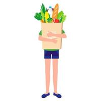 fille ou garçon heureux de dessin animé de vecteur tenant un sac d'épicerie en papier écologique avec des aliments biologiques frais et sains.