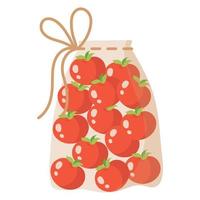 Sac écologique réutilisable en tissu transparent pour peser les aliments, les légumes et les fruits sans utiliser de sac en plastique avec des tomates. vecteur