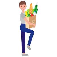 garçon heureux de dessin animé de vecteur tenant des sacs d'épicerie en papier écologique avec des aliments biologiques sains et frais.