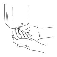 illustration schématique du traitement des mains avec un désinfecteur automatique, une goutte de gel sur les paumes ouvertes, des mesures sanitaires préventives vecteur