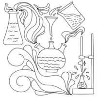 page de coloriage sur le thème de la science, verrerie de laboratoire et équipement avec des motifs fantastiques, coloriage anti-stress sur l'expérience vecteur