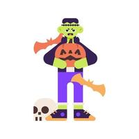 costume d'halloween frankenstein tenant une illustration de citrouille vecteur