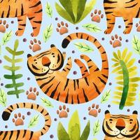 tigres dans la forêt tropicale grands chats sauvages et plantes tropicales symbole du zodiaque de l'année aquarelle dessinés à la main modèle sans couture texture fond conception d'emballage vecteur