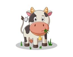 illustration vectorielle de bande dessinée mignonne de vache mangeant de l'herbe vecteur