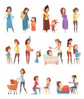 Maternité rétro Cartoon Icons Set vecteur
