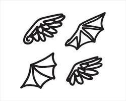 illustration d'ailes de diable et d'ange dans un style de griffonnage simple. le dessin dessiné à la main de divers ensembles d'ailes. vecteur