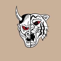 masque de diable et illustration en noir et blanc de tigre imprimé sur des t-shirts, des sweat-shirts et des souvenirs vecteur premium