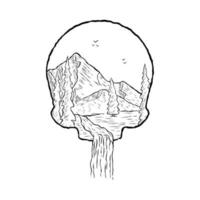 dessin de paysage à l'intérieur du crâne, avec un style dessiné à la main en noir et blanc vecteur