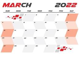 Planificateur de calendrier mensuel moderne de mars 2022 imprimable vecteur