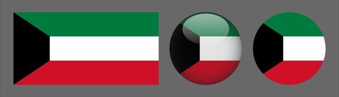 collection de jeux de drapeaux du koweït, rapport de taille d'origine, 3d arrondi et plat arrondi vecteur