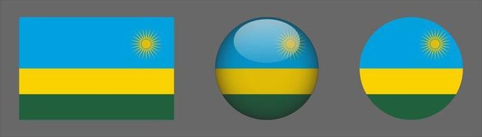 Collection de jeux de drapeaux du rwanda, rapport de taille d'origine, 3d arrondi et plat arrondi. vecteur