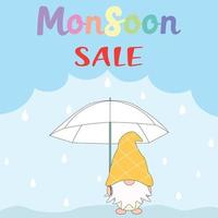 vecteur - vente de mousson de libellé arc-en-ciel avec un gnome mignon tenant un parapluie sur fond de jour de pluie. peut être utilisé pour la publicité, la bannière, l'affiche, l'étiquette ou le Web. affaire en saison.