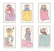 différentes postures des personnes endormies. vecteur