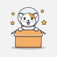 chat mignon portant un costume d'astronaute dans le carton vecteur