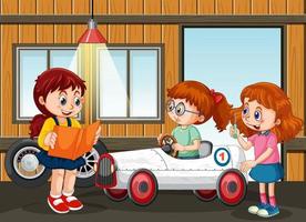 scène de garage avec des enfants réparant une voiture ensemble vecteur