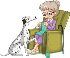 grand-mère tricotant avec un chien dalmatien vecteur