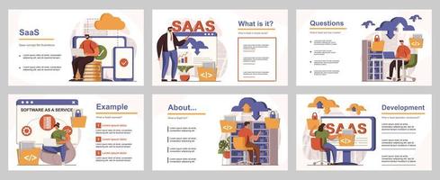 concept saas pour le modèle de diapositive de présentation. les gens utilisent le logiciel en tant que service, les utilisateurs paient un abonnement, le stockage en nuage et l'informatique de données. illustration vectorielle avec des personnes plates pour la conception de la mise en page vecteur