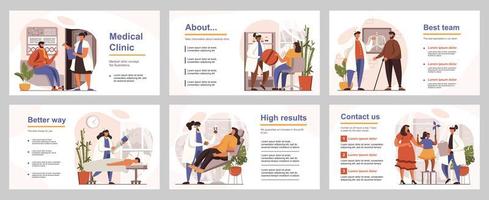 concept de clinique médicale pour le modèle de diapositive de présentation. les gens consultent différents médecins, reçoivent des consultations, des diagnostics et des traitements. illustration vectorielle avec des personnes plates pour la conception de la mise en page vecteur