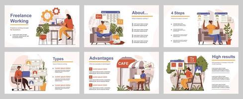 concept de travail indépendant pour le modèle de diapositive de présentation. les gens travaillent en ligne dans des bureaux à domicile et d'autres endroits, les travailleurs à distance effectuent des tâches. illustration vectorielle avec des personnes plates pour la conception de la mise en page vecteur