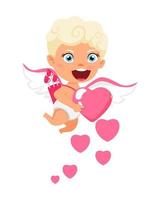 heureux personnage mignon de cupidon avec des ailes volantes et tenant une pancarte en forme de coeur vecteur