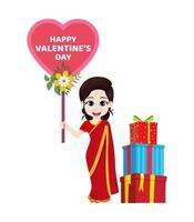 heureux personnage de fille mignonne debout et tenant une pancarte en forme de coeur de la Saint-Valentin avec des fleurs et des coffrets cadeaux