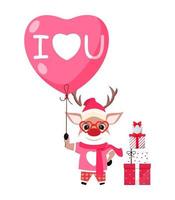 personnage mignon de renne debout et tenant des ballons d'amour en forme de coeur et avec des coffrets cadeaux