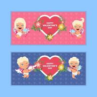 jolie bannière de la Saint-Valentin avec un personnage de Cupidon avec des fleurs en forme de coeur vecteur