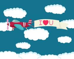mignon bel avion volant avec une bannière de la Saint-Valentin avec je t'aime texte sur fond de ciel vecteur