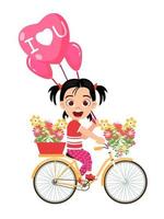 mignon beau personnage de fille heureuse enfant faisant du vélo avec des ballons et des fleurs d'amour en forme de coeur vecteur