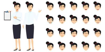 jeu de caractères de femme d'affaires portant une tenue d'affaires avec différentes expressions faciales et émotions en colère heureux excité malheureux cri gai posant debout ensemble d'icônes isolé vecteur