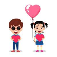 heureux garçon mignon et personnage de fille debout et tenant une pancarte en forme de coeur et un ballon d'amour en forme de coeur vecteur