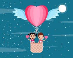 heureux garçon et fille enfant mignon personnage volant avec un ballon de la Saint-Valentin en forme de coeur à air chaud avec des ailes et agitant avec le symbole de forme de coeur sur fond de ciel
