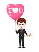 caractère heureux garçon mignon debout et tenant un ballon d'amour en forme de coeur de valentine avec des fleurs vecteur