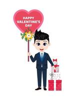 heureux garçon mignon personnage debout et tenant une pancarte en forme de coeur de la Saint-Valentin avec des fleurs et des coffrets cadeaux vecteur