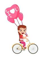 mignon beau personnage de fille heureuse enfant faisant du vélo avec des ballons d'amour en forme de coeur vecteur