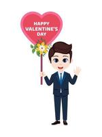 caractère heureux garçon mignon debout et tenant un panneau de pancarte en forme de coeur de valentine avec des fleurs vecteur