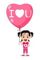 heureux personnage de fille enfant mignon debout et tenant un ballon d'amour en forme de coeur