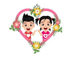 avatar de caractère heureux garçon et fille enfant mignon dans un cadre en forme de coeur avec des fleurs ensemble