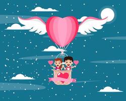 joyeux garçon et fille mignon garçon volant avec un ballon de la Saint-Valentin en forme de coeur à air chaud avec des ailes et agitant avec le symbole de la forme de coeur sur fond de ciel avec des nuages avec du texte de la Saint-Valentin