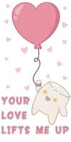 Jolie guimauve kawaii décollant d'un ballon en forme de cœur. personnages de guimauve kawaii dans un style plat, cartes postales dessinées à la main pour exprimer leurs sentiments vecteur