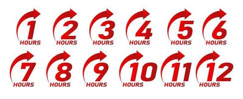 flèche d'horloge 1, 2, 3, 4, 5, 6, 7, 8, 9, 10, 11 et 12 heures d'exécution de la commande ou des icônes de service de livraison. illustration vectorielle. ensemble d'icônes de temps de service de livraison. vecteur