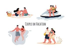 vacances romantiques pour un couple en mer.un homme et une femme passent des vacances actives.vector plat. vecteur