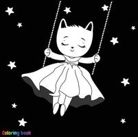 dessin animé mignon beau chat se balançant parmi les étoiles. illustration vectorielle noir et blanc pour cahier de coloriage vecteur