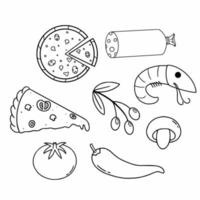 ensemble pour la cuisson des pizzas. pizza et ses ingrédients. illustration vectorielle pour un menu de style doodle. vecteur