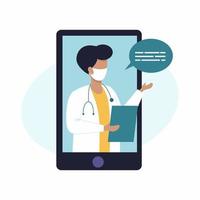 un médecin de sexe masculin effectue une consultation par liaison vidéo. soins médicaux à distance. médecin de famille dans votre smartphone. illustration vectorielle pour l'application sur le téléphone mobile. vecteur