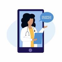 une femme médecin effectue une consultation en ligne via un smartphone. le médecin de famille est au téléphone. consultation médicale à distance. vecteur