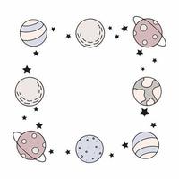 cadre carré avec des planètes spatiales et des étoiles. cadre pour l'inscription. le jour du premier vol habité dans l'espace. illustration vectorielle dans le style doodle. vecteur