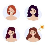 femmes atteintes de diverses maladies de la peau. coups de soleil et symptômes d'allergie sur le visage. vecteur